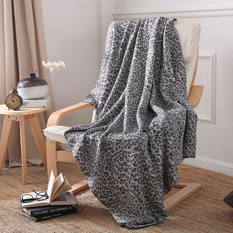 100% Cotton Leopard-Print Knitted Blanket Soft Throw Blanket for Bed Sofa Chair Cozy and Elegant Quilt Decorative Blankets-Color Brown & Gray