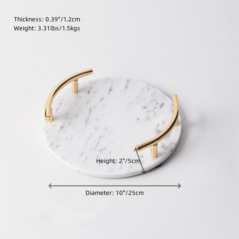 10” Round Marble Decorative Tray Vanity Tray Perfume Tray Trinket Tray with Gold Metal Handles, Jewelry Display Tray for Counter, Vanity, Dresser, Nightstand, Bathroom