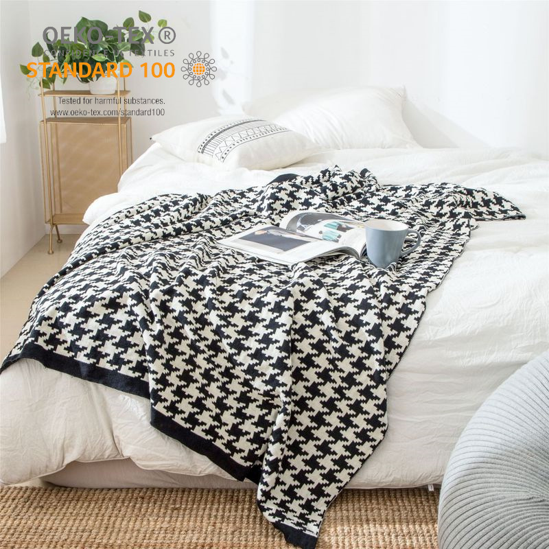 Houndstooth Cotton Throw Blanket Knitted Textures Lightweight Farmhouse Decorative Knitted Soft Blankets Compatible with Sofa Couch Bedroom-Color: Black Red Khaki & Coffee