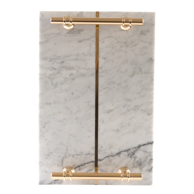 12&quot; x 8&quot; Rectangle Marble Decorative Trays with Gold Metal Handle,Jewelry Display Tray for Counter, Vanity, Dresser, Nightstand, Bathroom