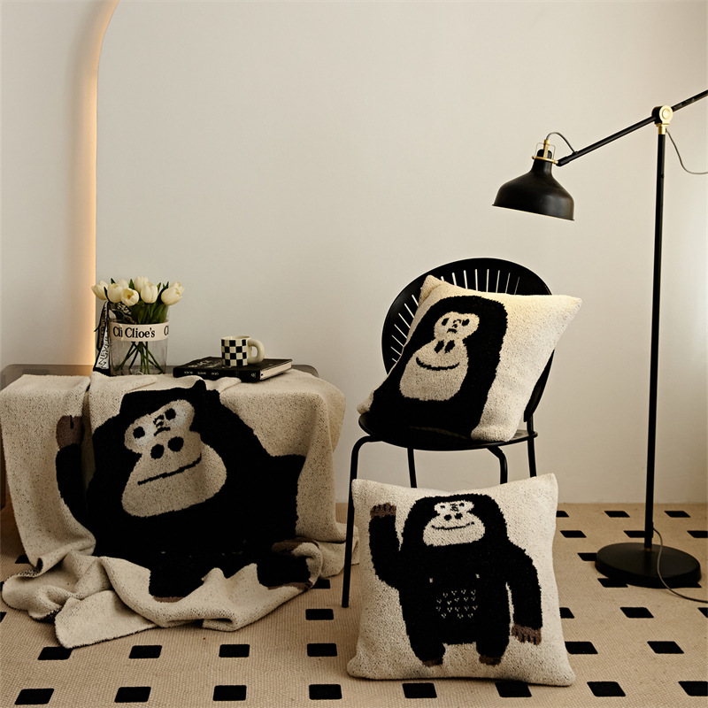 Soft Fluffy Funny Chimpanzee Decorative Blanket & Throw Pillow Cover- Color Khaki & Black