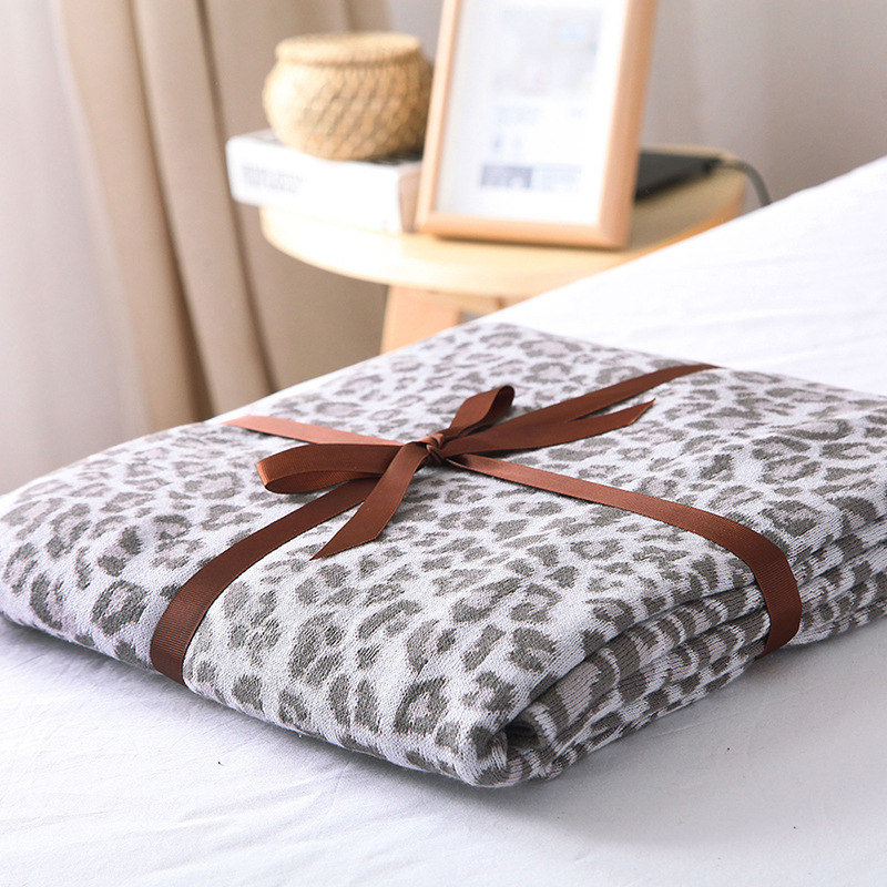 100% Cotton Leopard-Print Knitted Blanket Soft Throw Blanket for Bed Sofa Chair Cozy and Elegant Quilt Decorative Blankets-Color Brown & Gray