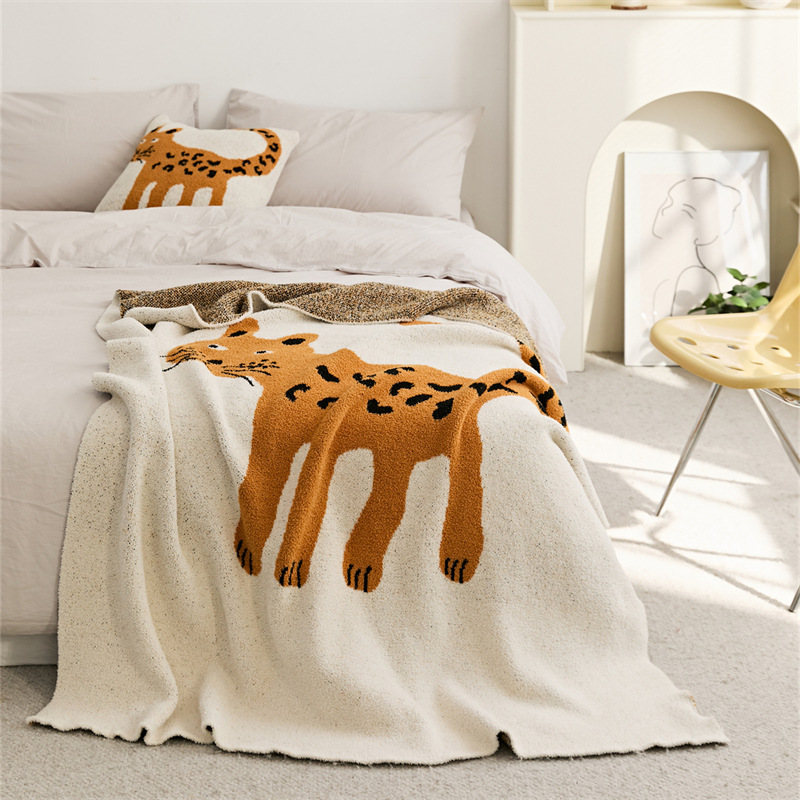 Cute Cartoon Leopard Cat Fluffy Cozy Blanket and Throw Pillow
