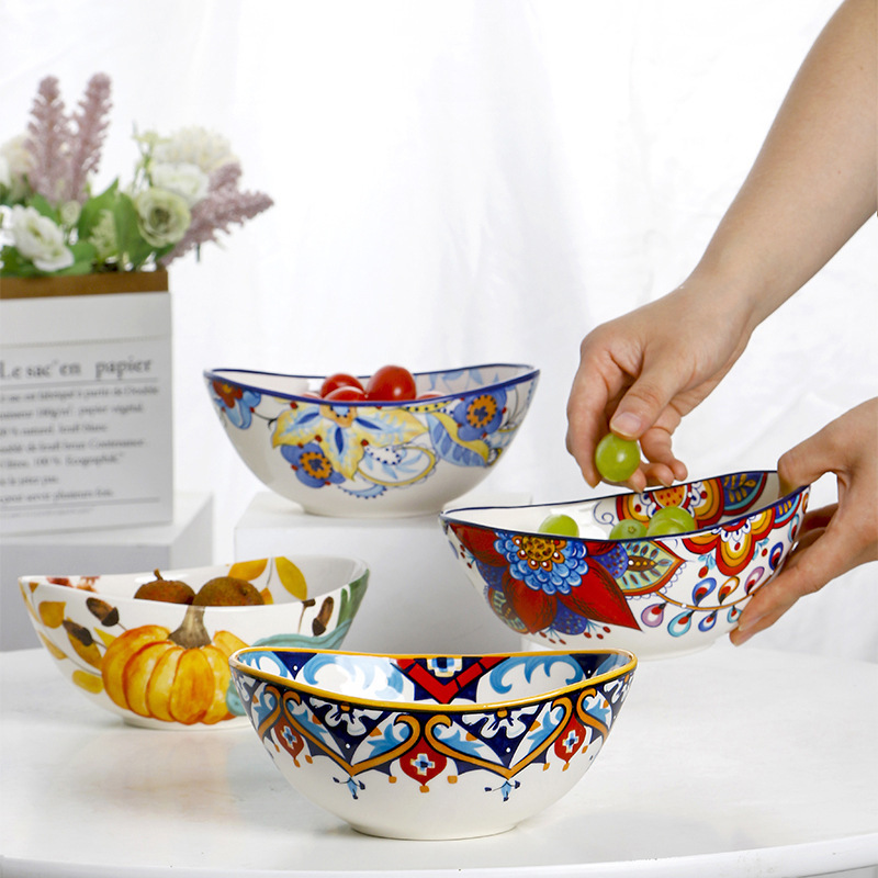 Unique Shape Bright Color Floral Ceramic Pasta Fruit Salad Bowl
