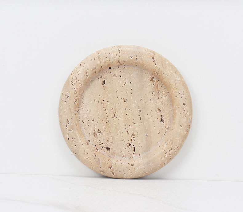 Rustic Natural Marble Beige Travertine 8” Round Vanity Tray Jewelry Makeup Dish Decorative Tray for Coffee Table,Bathroom,Bedroom