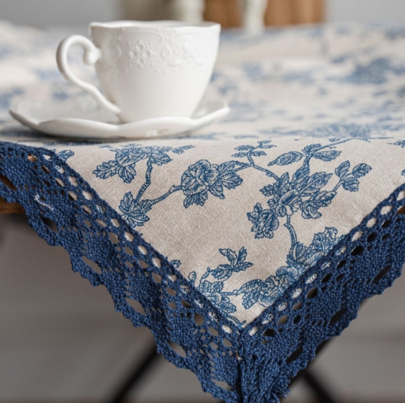 Bohemian Cotton Linen Mixed Blue Roses Printing on Beige Tablecloth with Blue Lace Trim Fabric for Garden Decor, Rectangle Tablecloth & Square Pillow Cover