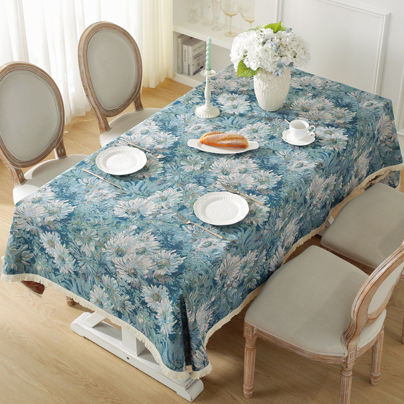 Polyester Cotton Mixed Tablecloth Oil Painting Flower Design Jacquard Blue Table Cover for Tea Party Dining Table