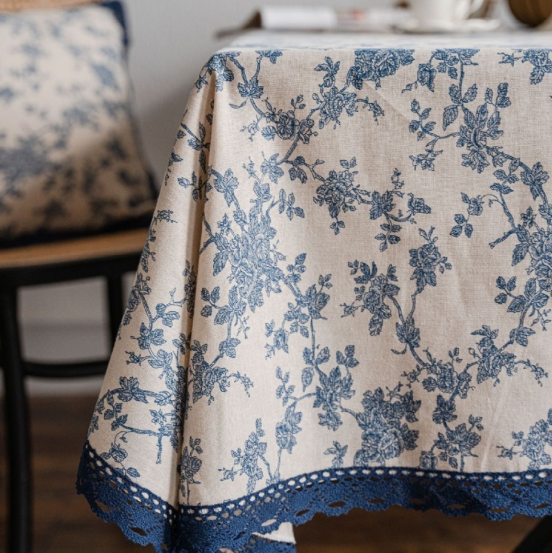 Bohemian Cotton Linen Mixed Blue Roses Printing on Beige Tablecloth with Blue Lace Trim Fabric for Garden Decor, Rectangle Tablecloth & Square Pillow Cover