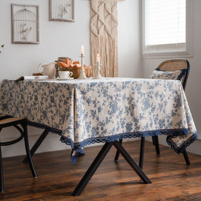 Bohemian Cotton Linen Mixed Blue Roses Printing on Beige Tablecloth with Blue Lace Trim Fabric for Garden Decor, Rectangle Tablecloth & Square Pillow Cover