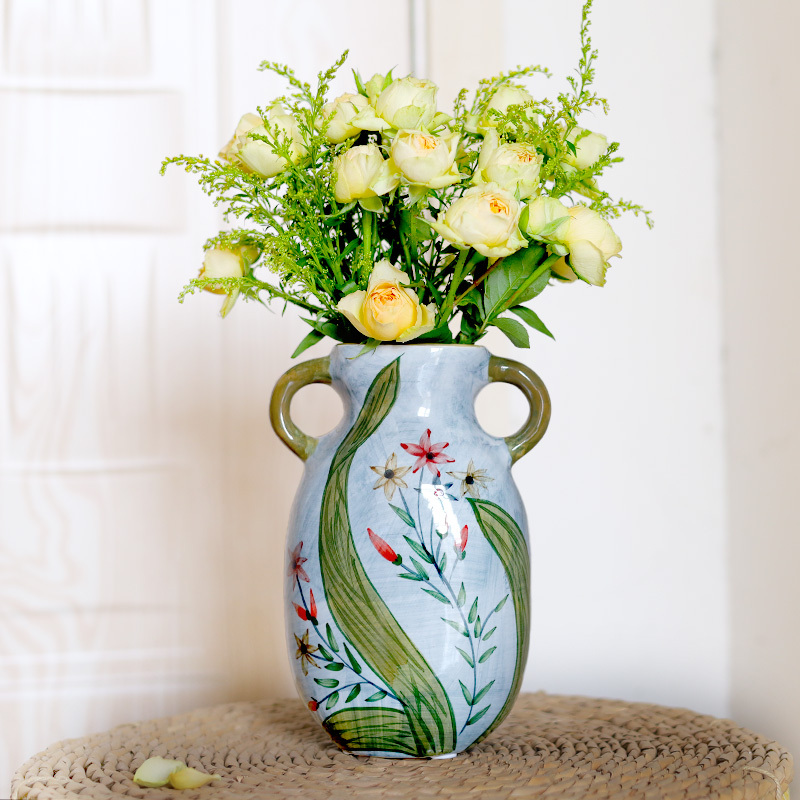 Blue Floral Hand Painted Ceramic Vase with Two Handles for Home Decor
