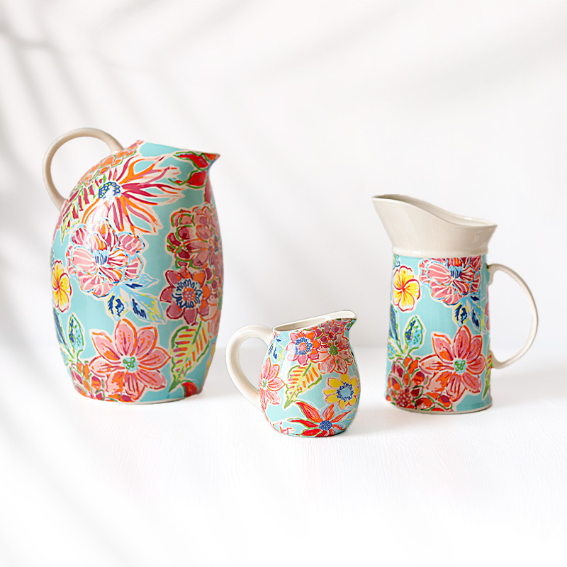 Hawaiian Style Colorful Flowers Pattern Hand Painted Ceramic Water Pitcher Bud Vase for Home Decor