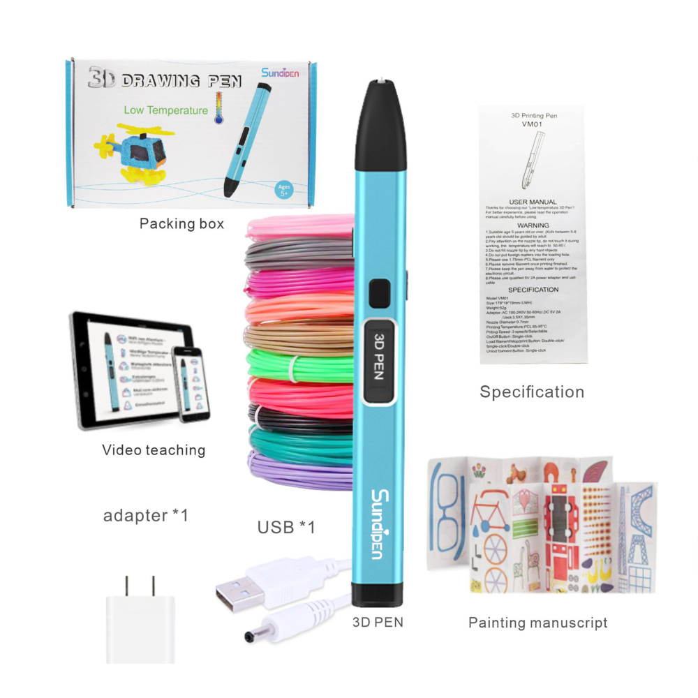 Sundi3d 3d pen lower temperature PCL filament kids gifts birthday pluma 3d stift christmas gitf 3d printing pen