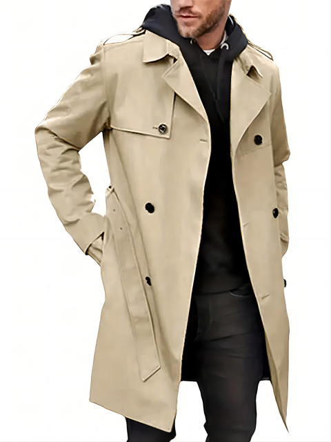 GLESTORE Men 1pc Double Breasted Belted Trench Coat
