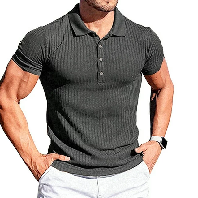 GLESTORE Men's Polo Shirt Casual Polo Shirt Elastic Stripe Short Sleeves