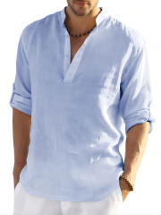 Glestore men's shirt solid color split neck shirt