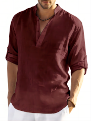 Glestore men's shirt solid color split neck shirt