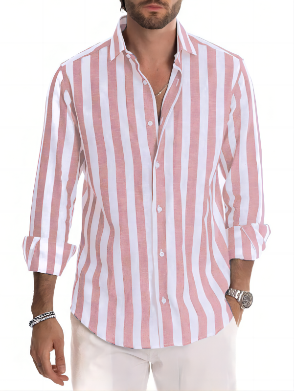 GLESTORE Men's Shirts Casual Long Sleeve Button-Down Striped Shirt