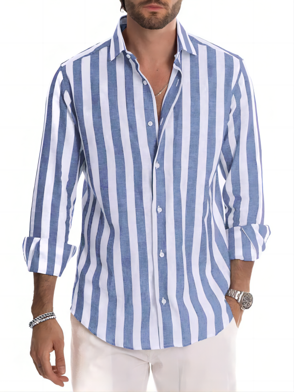 GLESTORE Men's Shirts Casual Long Sleeve Button-Down Striped Shirt