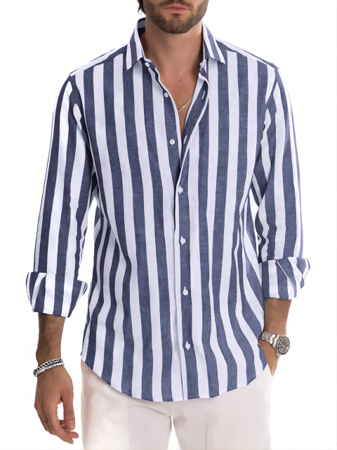 GLESTORE Men's Shirts Casual Long Sleeve Button-Down Striped Shirt
