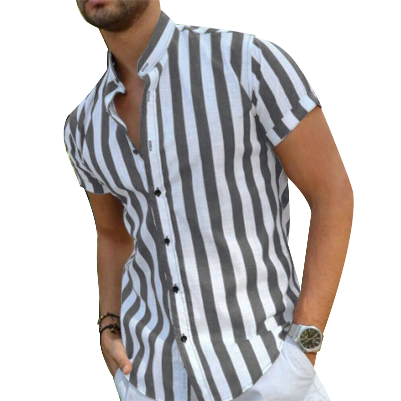 Mens Linen Short Shirts Sleeve Button Down Shirts Striped Summer Henley Shirts Casual