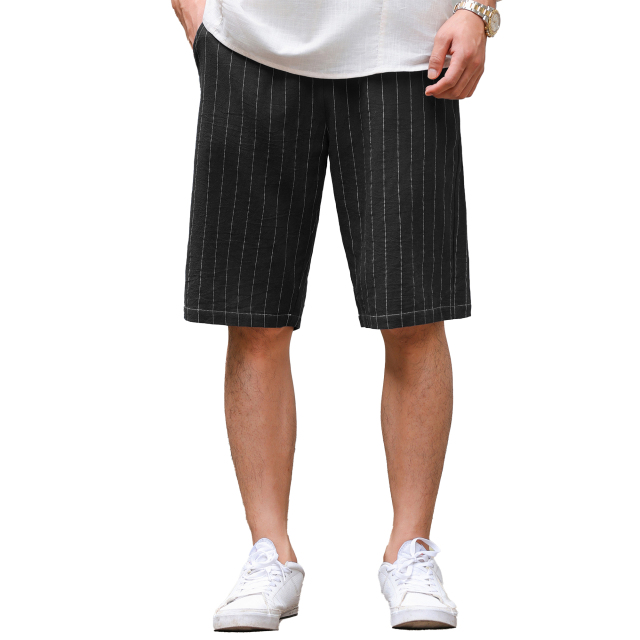Mens Elastic Waist Shorts Drawstring Casual Cotton Striped Shorts Relaxed Fit