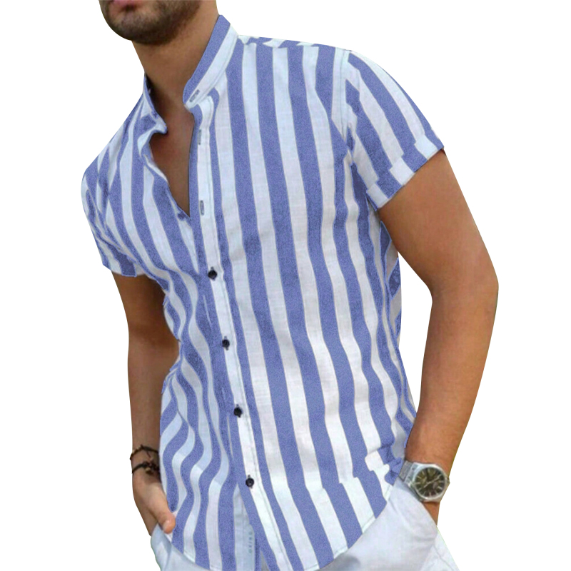 Mens Linen Short Shirts Sleeve Button Down Shirts Striped Summer Henley Shirts Casual