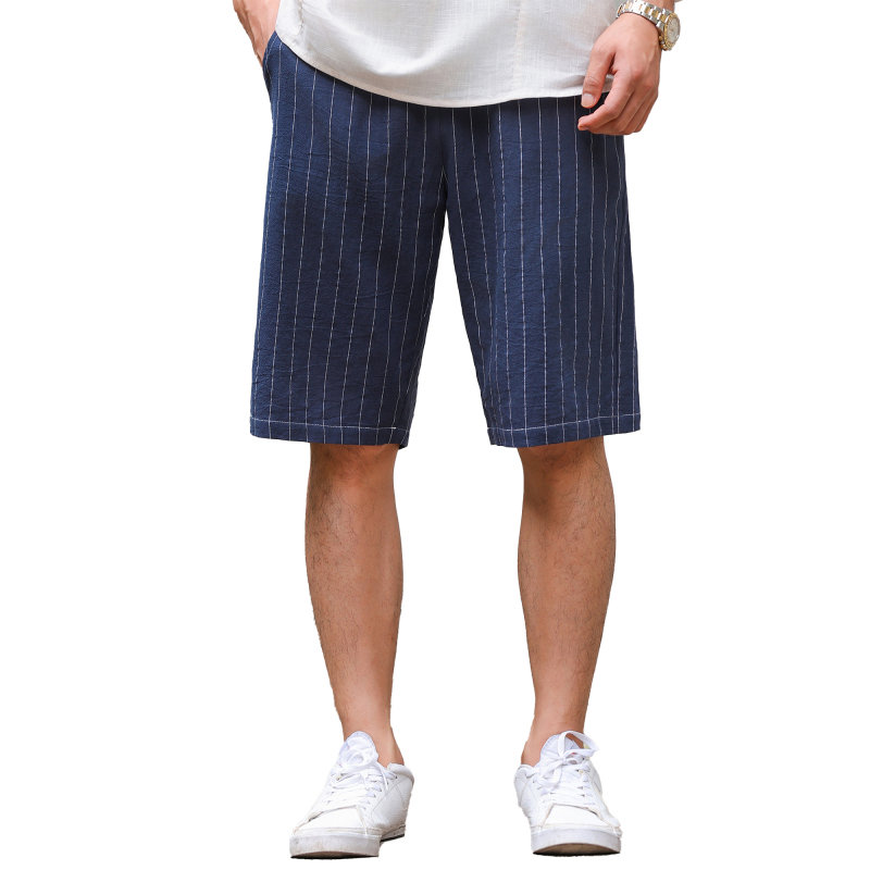 Mens Elastic Waist Shorts Drawstring Casual Cotton Striped Shorts Relaxed Fit