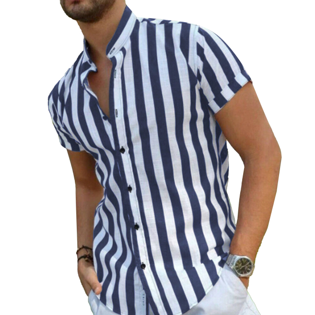 Mens Linen Short Shirts Sleeve Button Down Shirts Striped Summer Henley Shirts Casual