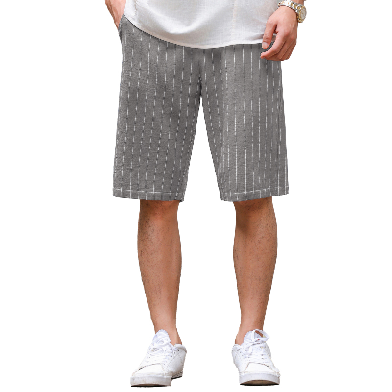 Mens Elastic Waist Shorts Drawstring Casual Cotton Striped Shorts Relaxed Fit
