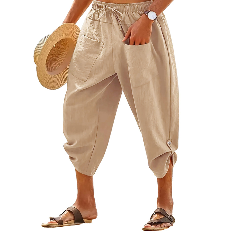 Men's Linen Pants Mens Capri Pants Elastic Waist Pants Men Beach Pants Casual