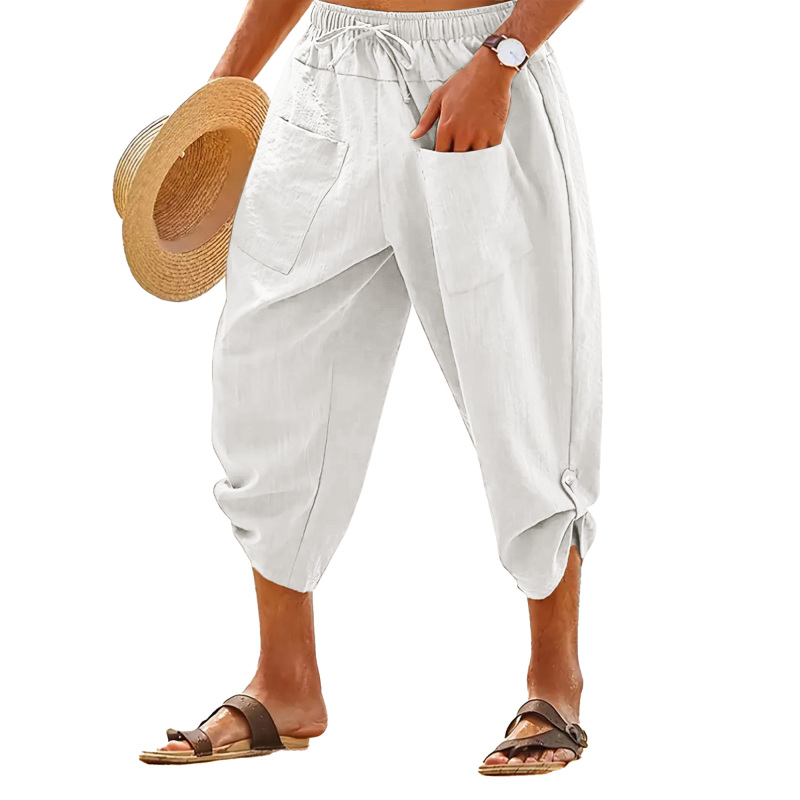 Men's Linen Pants Mens Capri Pants Elastic Waist Pants Men Beach Pants Casual
