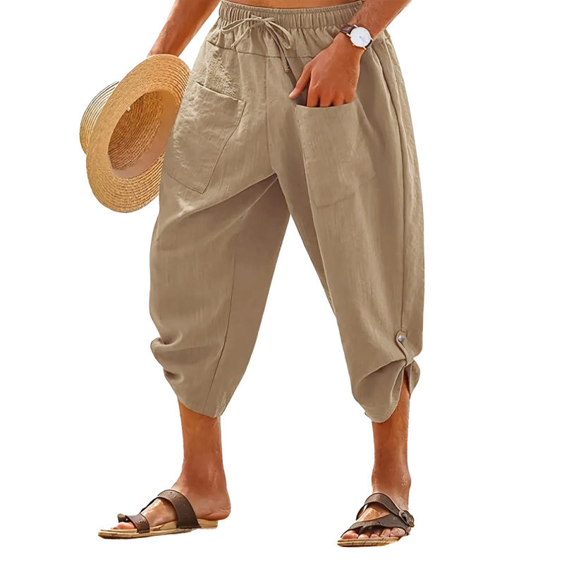 Men's Linen Pants Mens Capri Pants Elastic Waist Pants Men Beach Pants Casual