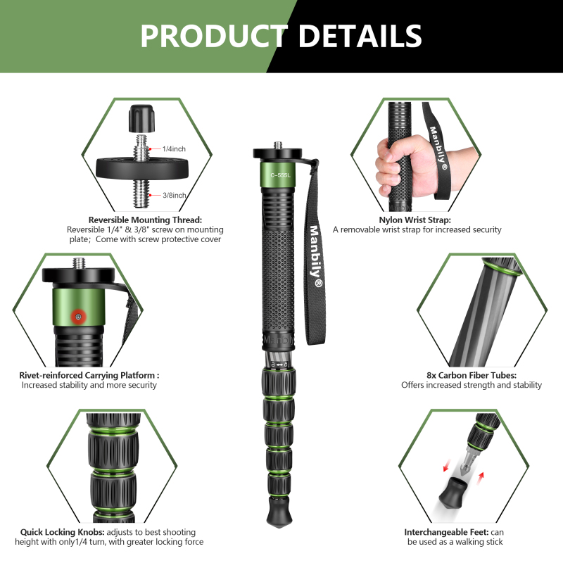 Manbily Carbon Fiber Camera Monopod Walking Stick with Handle C-555L (GREEN)