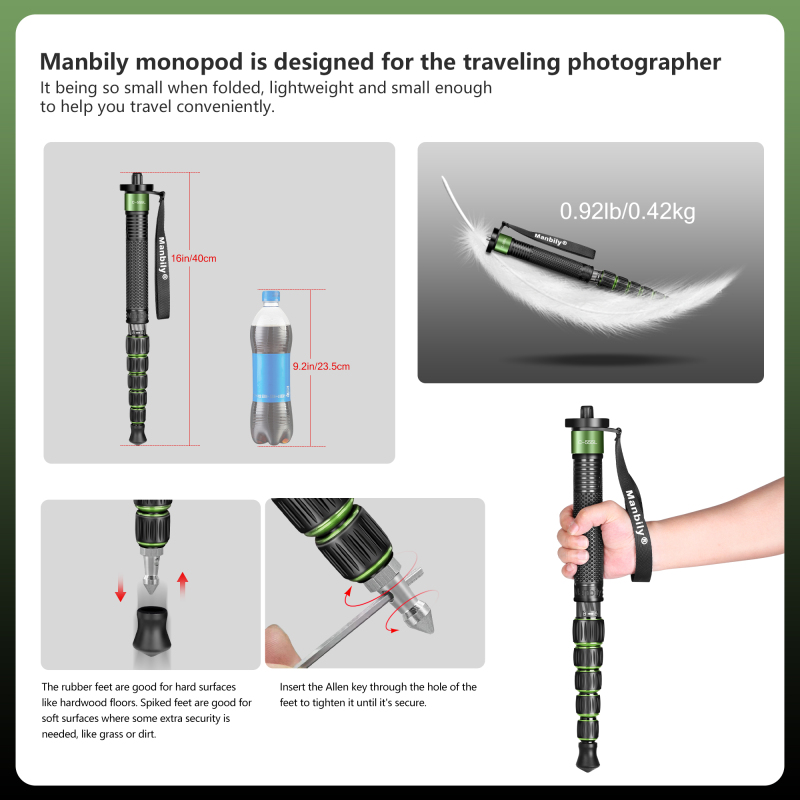 Manbily Carbon Fiber Camera Monopod Walking Stick with Handle C-555L (GREEN)