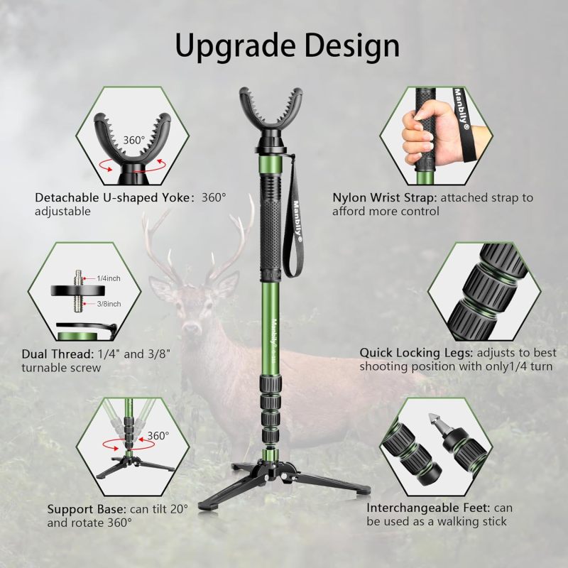 Manbily Shooting Stick Monopod with Tri-Stand Tripod Base, with Rotating and Removeable U-Shaped Yoke for Hunting, Shooting, and Outdoors-Green (G-333)