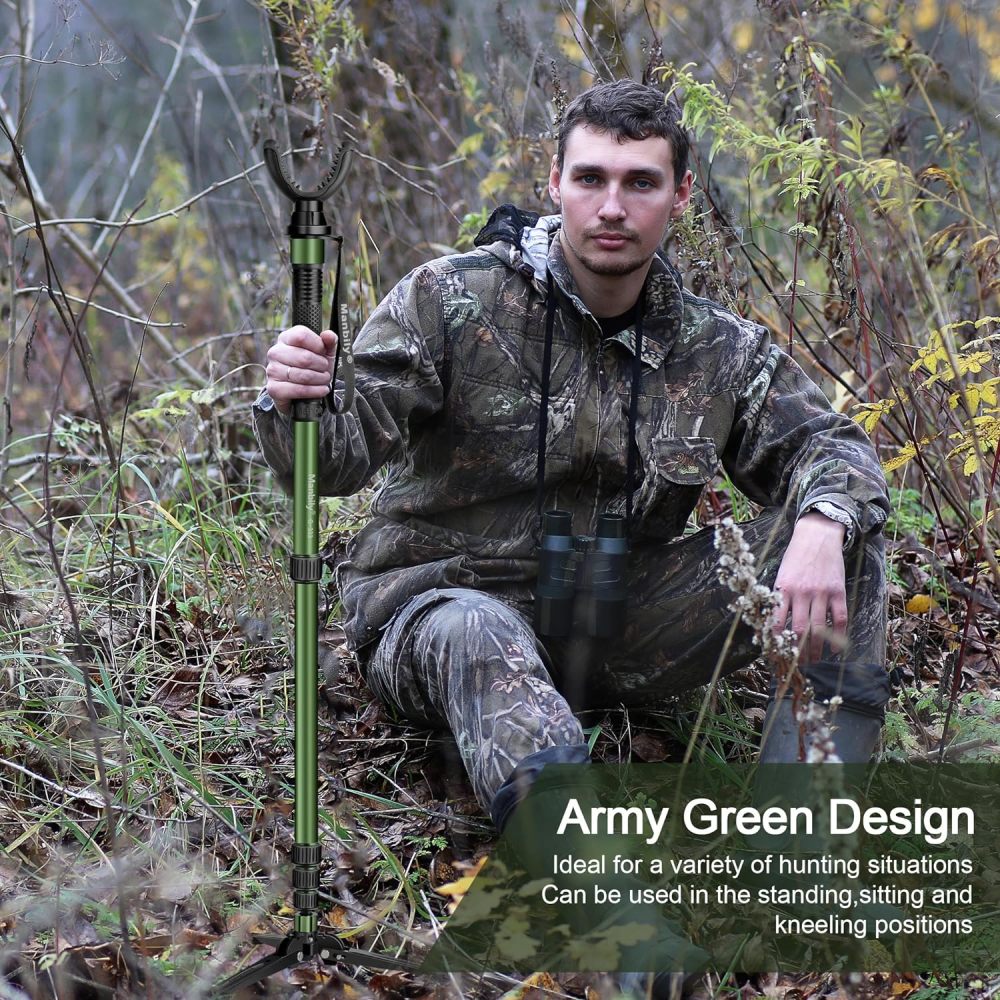 Manbily Shooting Stick Monopod with Tri-Stand Tripod Base, with Rotating and Removeable U-Shaped Yoke for Hunting, Shooting, and Outdoors-Green (G-333)