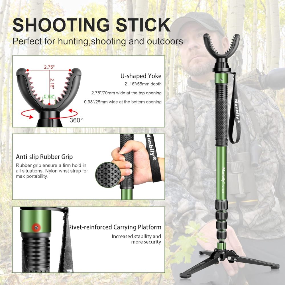 Manbily Shooting Stick Monopod with Tri-Stand Tripod Base, with Rotating and Removeable U-Shaped Yoke for Hunting, Shooting, and Outdoors-Green (G-333)