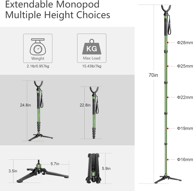 Manbily Shooting Stick Monopod with Tri-Stand Tripod Base, with Rotating and Removeable U-Shaped Yoke for Hunting, Shooting, and Outdoors-Green (G-333)