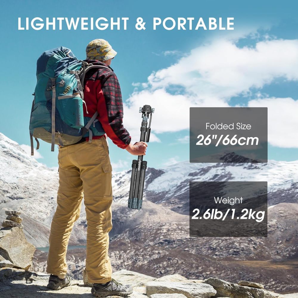 Manbily MPK-323 Carbon Fiber Camera Monopod with Feet, 74" Professional Monopod with Pan Tilt Fluid Head and Removable Tripod Base for DSLR Camera, Φ32mm Tube, Max Load 44lb/20kg