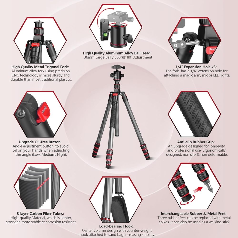 Manbily 68 Inches Carbon Fiber Camera Tripod Monopod with 360 Degree Ball Head， Travel Tripod with Quick Release Plate and Bag for DSLR Camera Video Camcorder (MC-284)