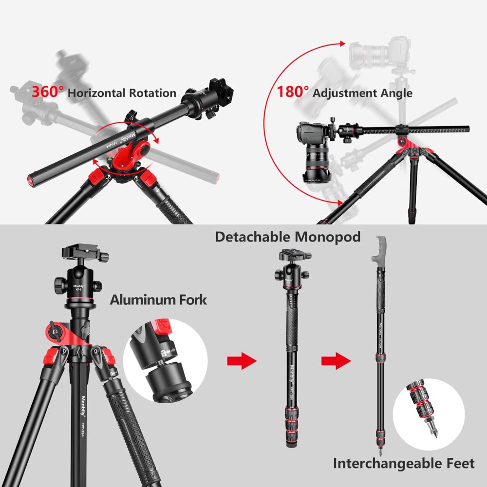 Camera Tripod Manbily 70 inch Horizontal Aluminum Tripod Monopod w Engraved Center Column 360° Ball Head and Camera Mount Platform, Professional Tripod for DSLR Cameras Overhead Shots Studio Video