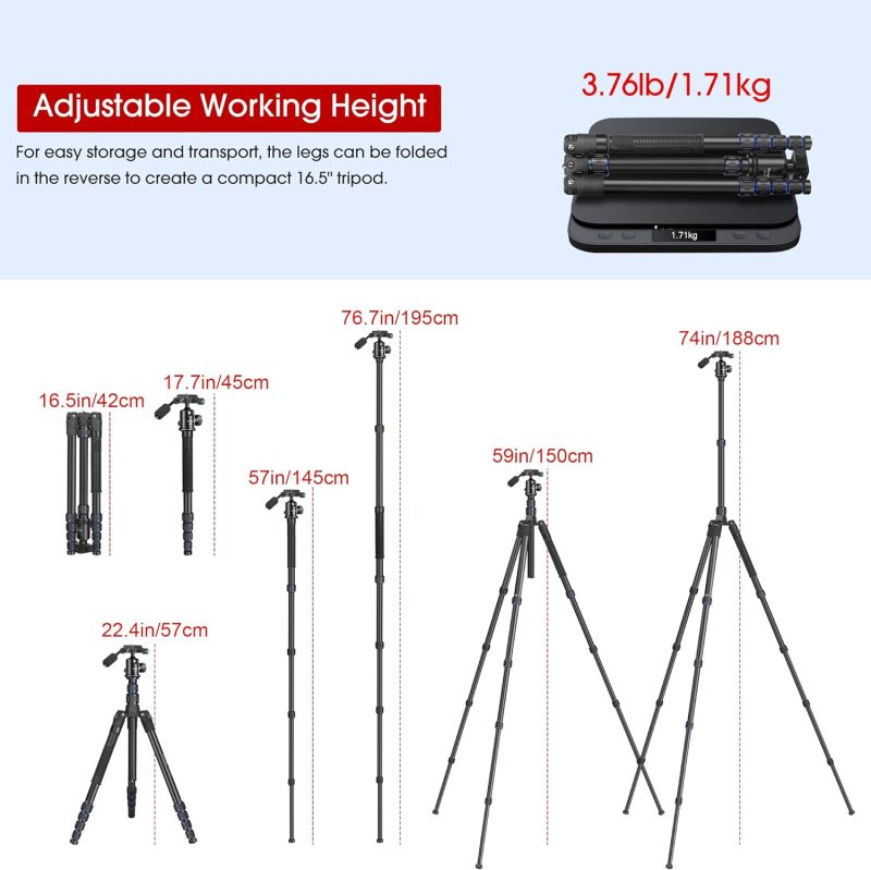 Camera Tripod, Manbily 74" Aluminum Travel Tripod Monopod Stand for Camera DSLR Phone, 360° Ball Head w Handle and Extra 1/4" QR Plate, Payload 17.6lbs, Compatible with Canon Nikon Sony