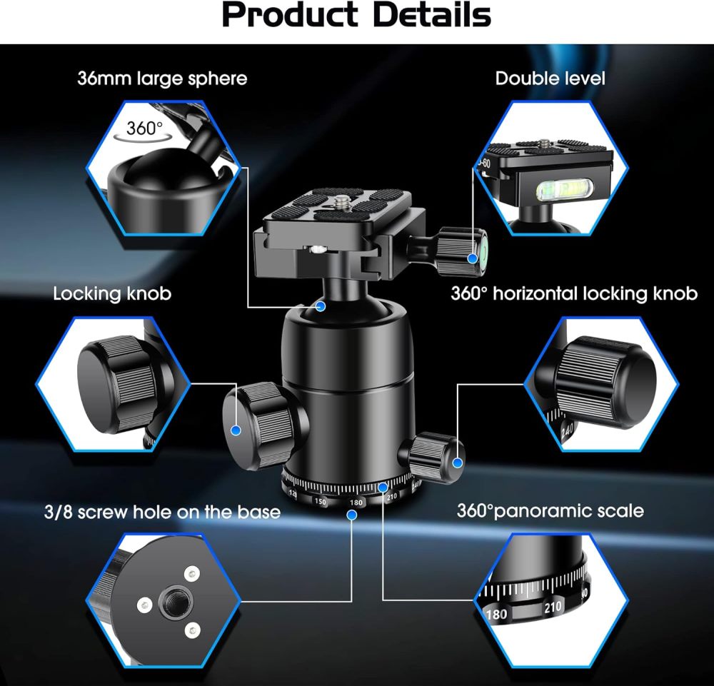 Manbily Ball Head for Shooting Stick Tripod, CNC Metal Aluminum Clamp Rest Head for Hunting, 360° Panoramic Ball Head for DSLR Camera, Load up to 33lbs/15kg