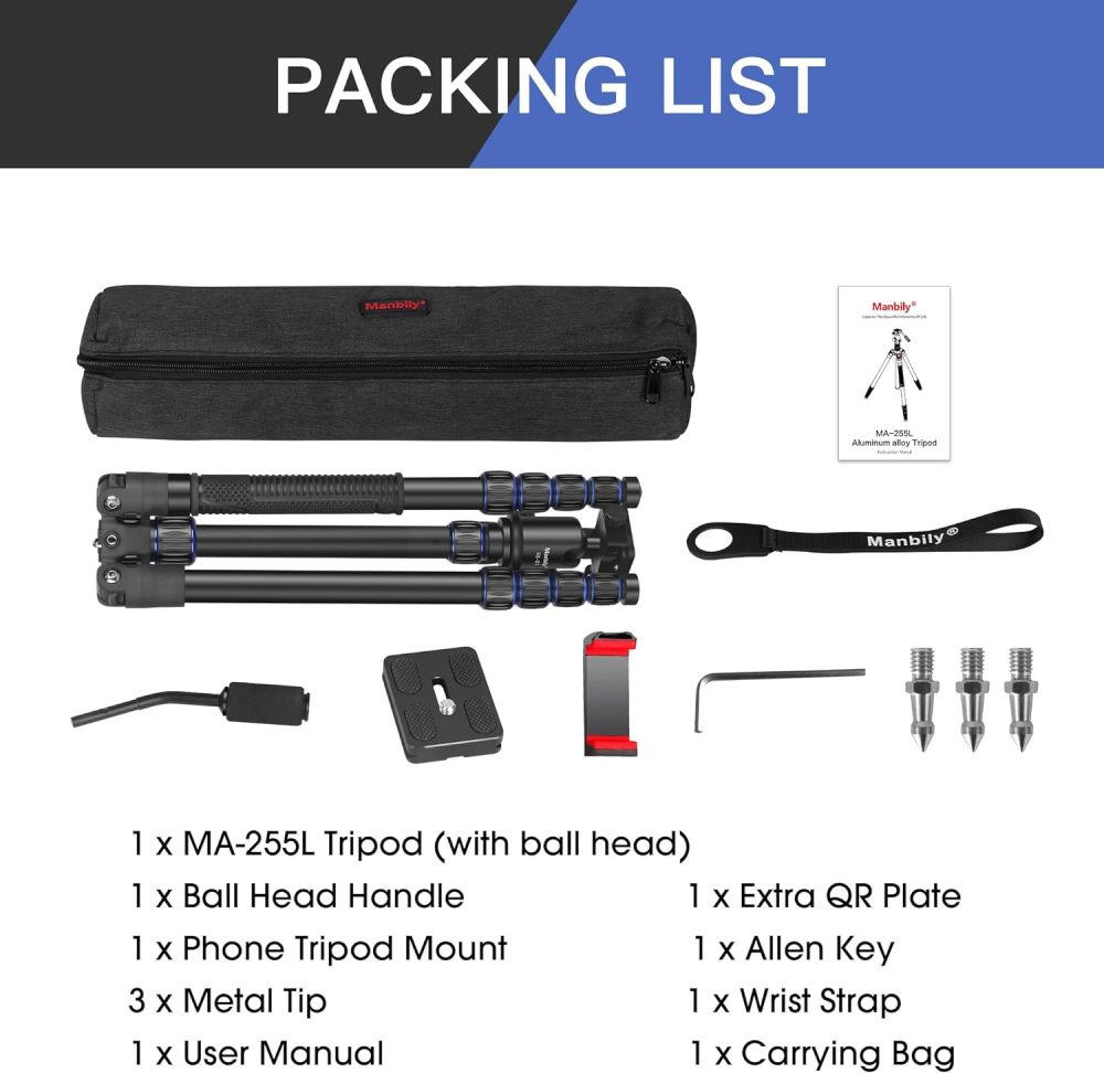 Camera Tripod, Manbily 74" Aluminum Travel Tripod Monopod Stand for Camera DSLR Phone, 360° Ball Head w Handle and Extra 1/4" QR Plate, Payload 17.6lbs, Compatible with Canon Nikon Sony
