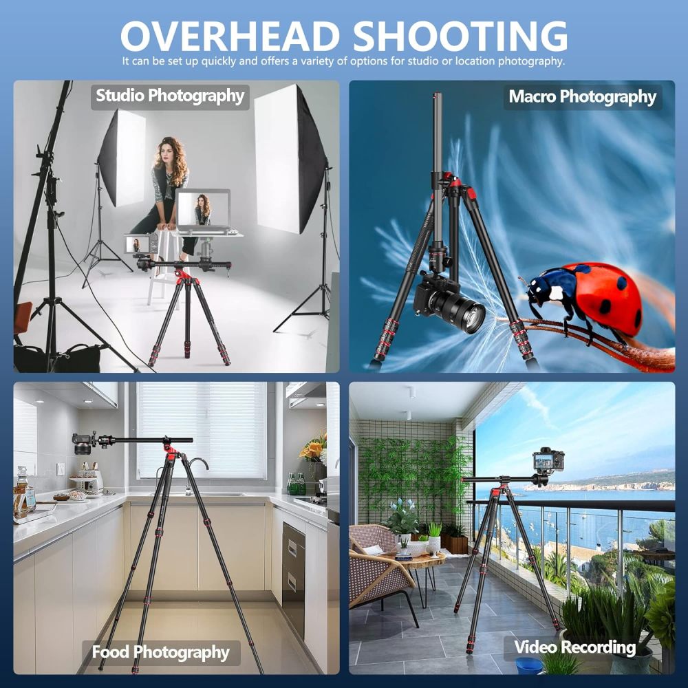Camera Tripod Manbily 70 inch Horizontal Aluminum Tripod Monopod w Engraved Center Column 360° Ball Head and Camera Mount Platform, Professional Tripod for DSLR Cameras Overhead Shots Studio Video