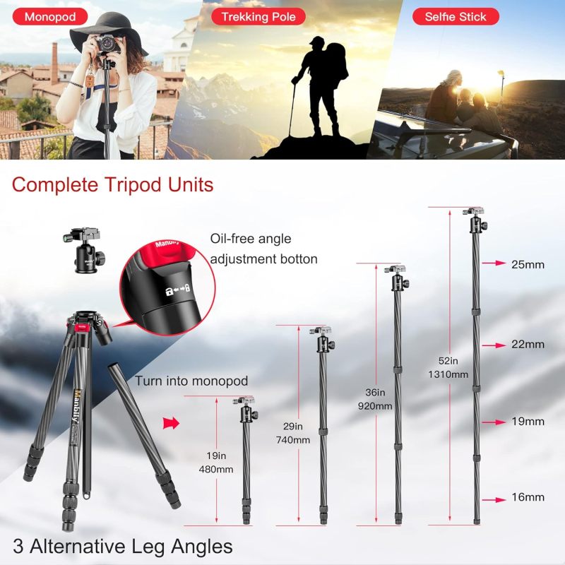 Manbily 63" Carbon Fiber DSLR Camera Tripod Monopod Kit,Compact and Lightweight,360-degree Panoramic Ball Head Quick Release Plate,5 Seconds Quickly Invert The Center Column,for Travel Work(YS-254C)