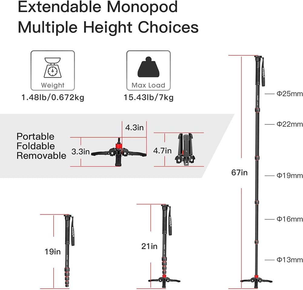 Manbily Extendable Camera Aluminum Monopod with Feet,Portable Travel Monopod with Removable Tripod Stand Base for DSLR Canon Nikon Sony Video Camcorder,5 Sections up to 67-in,Max Load 15.5 Lbs（A-222）