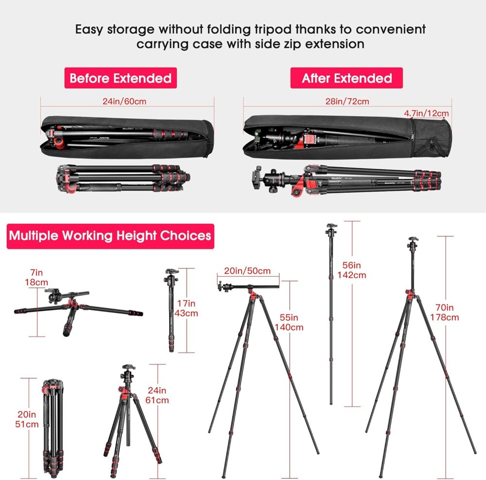 Camera Tripod Manbily 70 inch Horizontal Aluminum Tripod Monopod w Engraved Center Column 360° Ball Head and Camera Mount Platform, Professional Tripod for DSLR Cameras Overhead Shots Studio Video