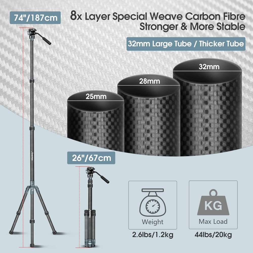 Manbily MPK-323 Carbon Fiber Camera Monopod with Feet, 74" Professional Monopod with Pan Tilt Fluid Head and Removable Tripod Base for DSLR Camera, Φ32mm Tube, Max Load 44lb/20kg