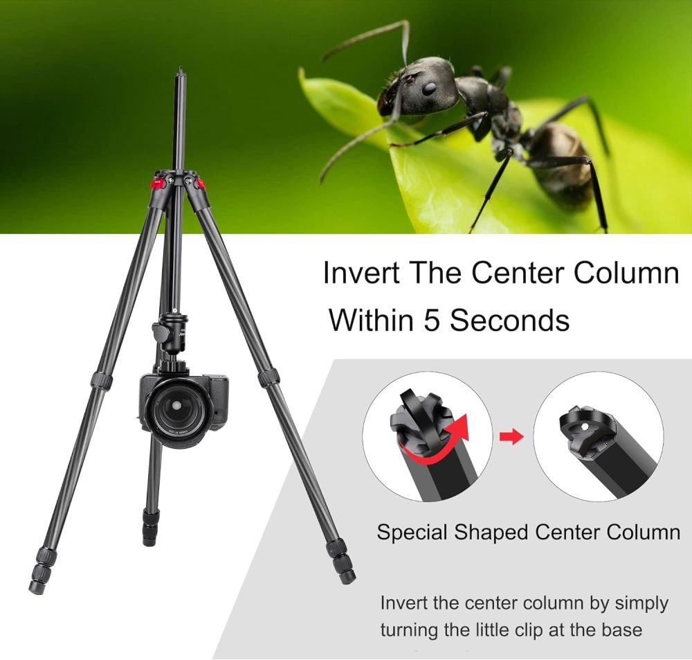 Manbily 63" Carbon Fiber DSLR Camera Tripod Monopod Kit,Compact and Lightweight,360-degree Panoramic Ball Head Quick Release Plate,5 Seconds Quickly Invert The Center Column,for Travel Work(YS-254C)